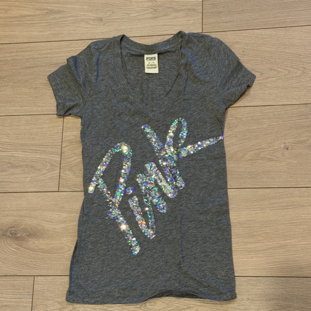PINK Victoria's Secret sequin Logo Tee - Dark Gray